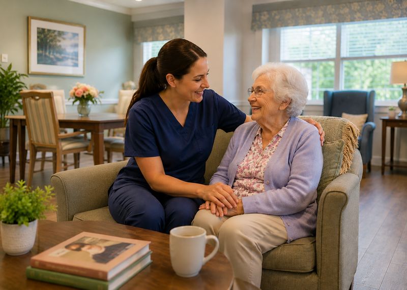 Caring staff with resident at The Waters of Muncie